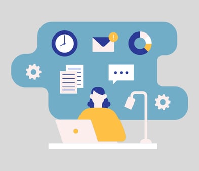 Graphic of a person at a desk working on a laptop. There are clock, mail, chart, document, settings, and chat icons above their head. 