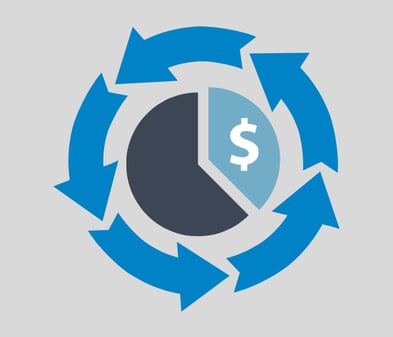 Graphic of a pie chart with a dollar sign inside of it. There is a circle made of arrows surrounding the pie chart. 
